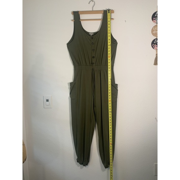 (E-193)For Justify Women’s Olive Green Jumpsuit XL Sleeveless Button Front Draws - Picture 4 of 7